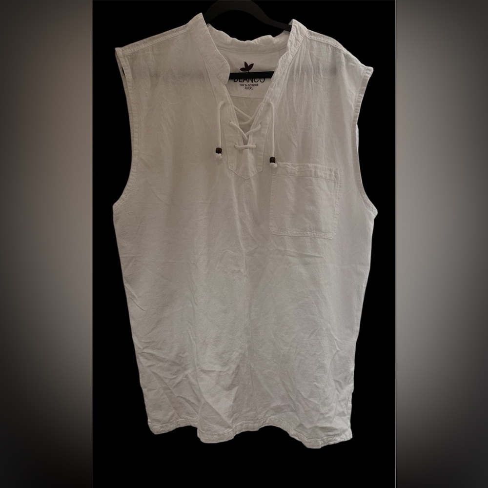 Men's White Sleeveless Lace-Up Pocket Shirt size 3XL 100% Cotton